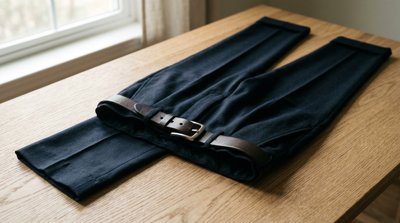 Tailored dress trousers with cinched belt demonstrating visceral midsection shrinkage