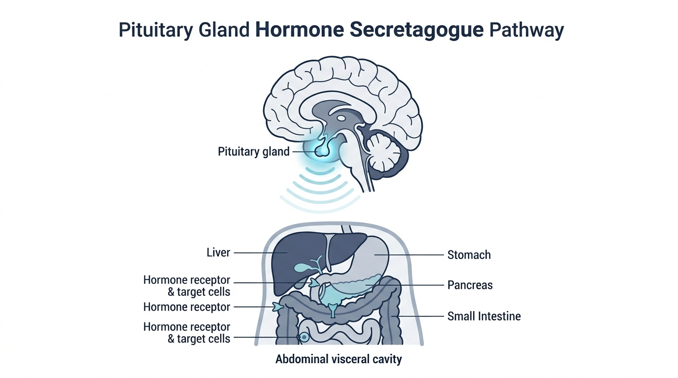 Medical infographic diagram of pituitary gland GHRH secretagogue signaling pathway